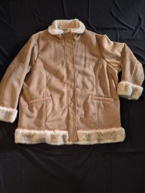 Ameri Mode Classic Faux-Suede Shearling Trim Coat - Tan